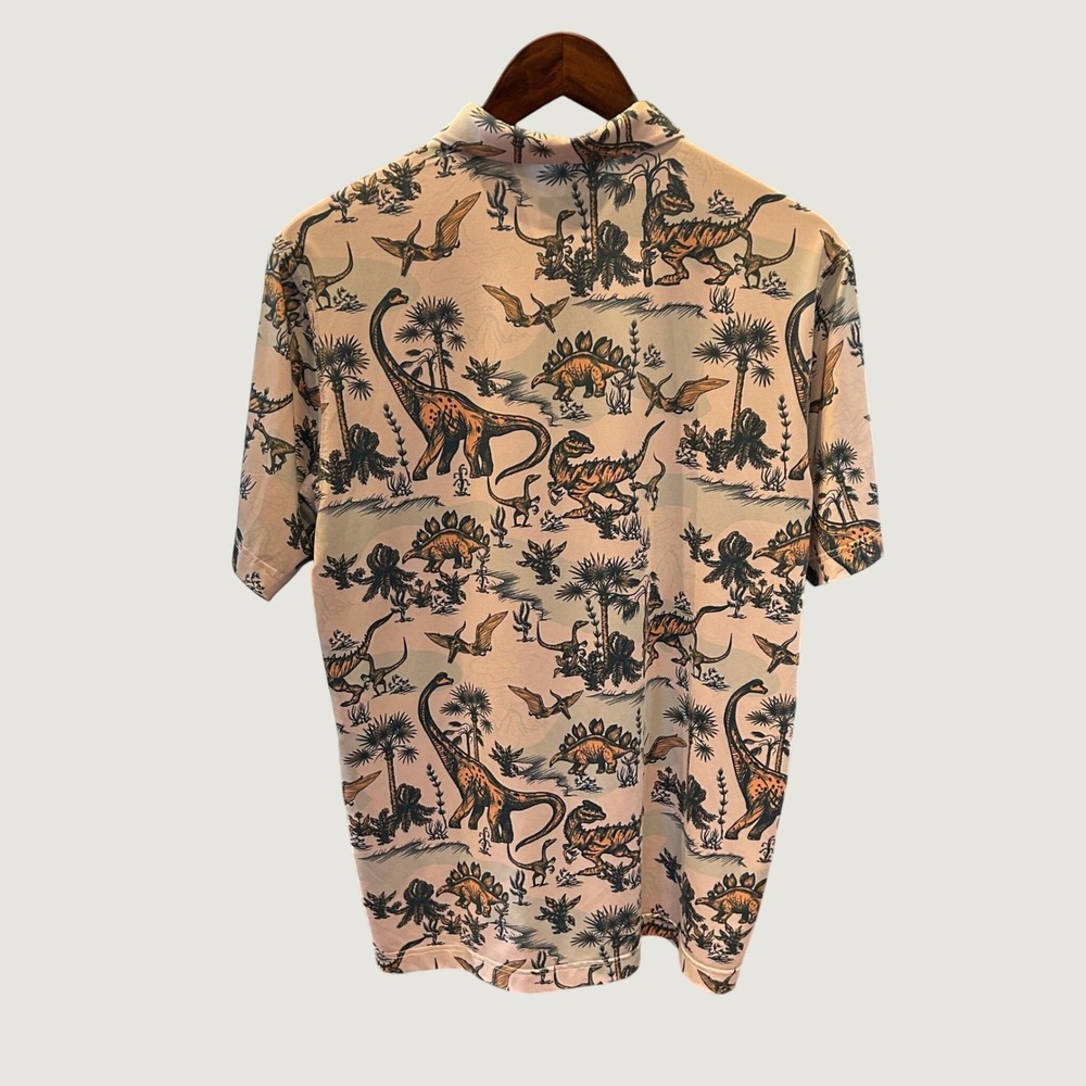 Waggle Golf Men Medium Dinosaur Performance Polo Shirt Tan Prehistoric Print M - Picture 4 of 6